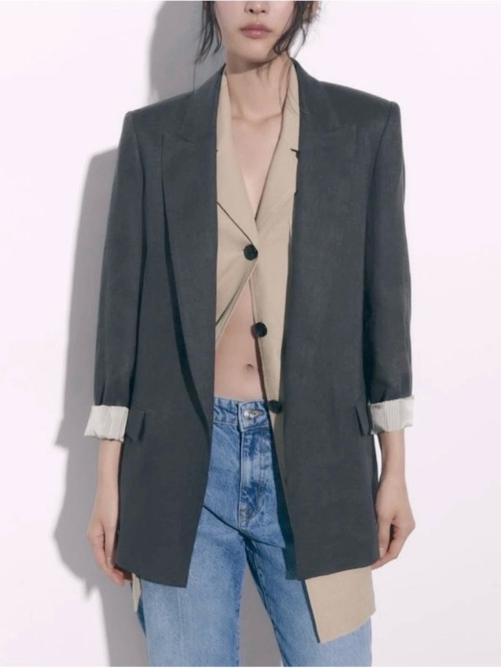 Zara - women’s 100% linen blazer printed sleeves grey open front jacket size M - Picture 2 of 10